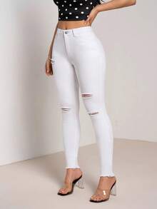 SHEIN Tall Jeans casuales versátiles para uso diario de mujer con bolsillo, botón y diseño desgastado - Blanco - Ver 5