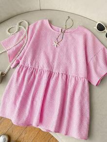 SHEIN EZwear 大尺碼女款圓領條紋百褶休閒百搭日常出遊襯衫 - 粉色 - 查看 9