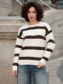 Xuxu's by Gio Women's Dropped Shoulder Long Sleeve Casual Knit Pullover Crew Neck Striped Loose Sweater Y2k - Apricot - View 1