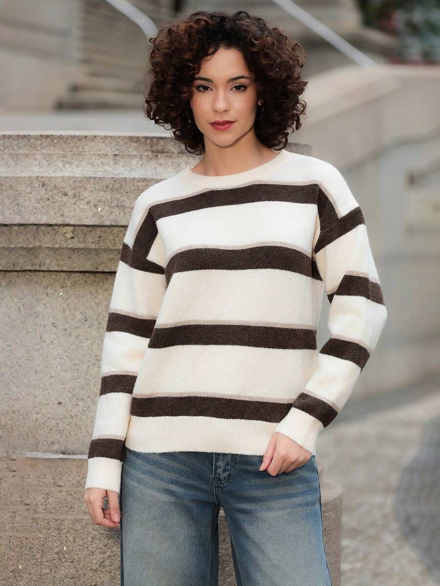 Xuxu's by Gio Women's Dropped Shoulder Long Sleeve Casual Knit Pullover Crew Neck Striped Loose Sweater Y2k - Apricot - View 1