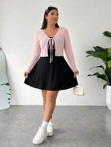 SHEIN EZwear 女款大尺碼針織開襟衫吊帶洋裝兩件套 素色 畢業款 黑色 可愛亮粉色 - 彩色 - 查看 6