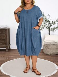 EMERY ROSE Vestido de mezclilla con bolsillos de verano para mujer talla grande - Azul lavado oscuro - Ver 3