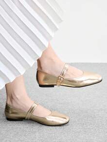 CUCCOO BIZCHIC Spring And Autumn Metal Buckle Contrasting Color Hemming Round Toe Flat Bottom, Retro Style Mary Jane Shoes Commuting Shopping - Gold - View 2