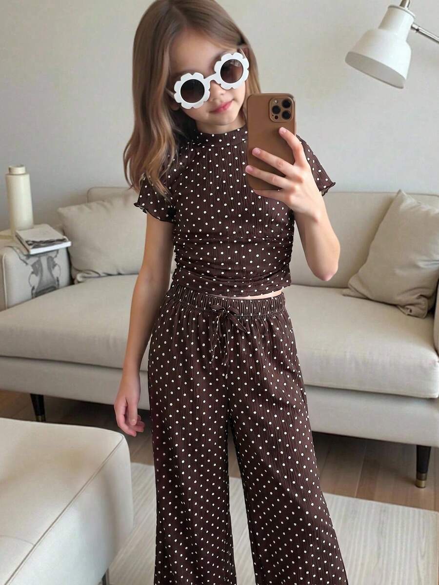 SHEIN 女童小女孩波點印花短袖T恤與長褲休閒套裝 - 彩色 - 查看 1