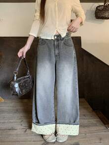 FRIFUL Women's Pocket Wide Leg Loose Casual Versatile Denim Jeans - Blue - View 3