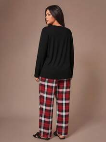 Lazeform Ensemble pyjama grande taille avec Top col rond à poche à carreaux et pantalon à imprimé carreaux. Détails confortables et élégants, vêtements d'automne et d'hiver - Noir - Voir 2