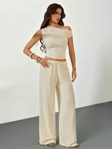 SHEIN Tall Apricot Knit Oblique Shoulder Fitted Casual Loungewear Set, Summer - Apricot - View 6