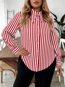 EMERY ROSE Camisa de manga larga con cuello y rayas para mujer de talla grande - Rosa Fucsia - Ver 4