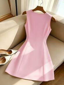 SHEIN Franclia Damen Neues französisches Stil V-Ausschnitt Tailliertes ausgestelltes Pendler elegantes kurzes Kleid - Pink - Übersicht 2