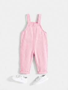 Cozy Pixies Baby Girls Fall Clothes Ruffle Trim Square Neck Bow Front Denim Overall Jumpsuit Without Tee - Pink - View 2
