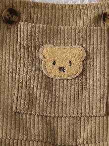 SHEIN Playful Pals 男嬰 0-3 歲 春/秋 卡其色字母刺繡裝飾燈芯絨嬰兒連身褲 適合外出、購物、生日派對 - 卡其色 - 查看 5