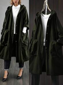 SHEIN LUNE Chaqueta larga con capucha y bolsillos grandes para tallas grandes - Verde Oscuro - Ver 1