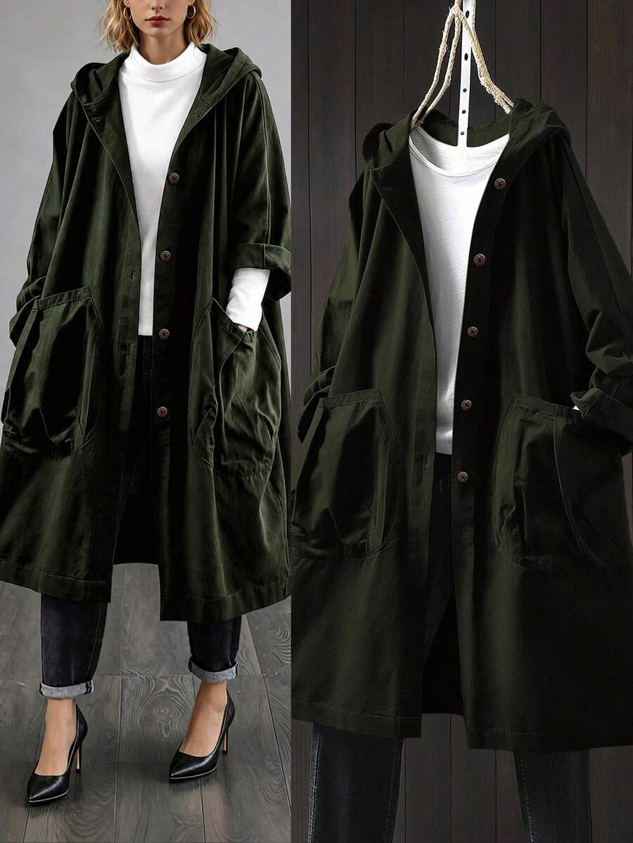 SHEIN LUNE Chaqueta larga con capucha y bolsillos grandes para tallas grandes - Verde Oscuro - Ver 1