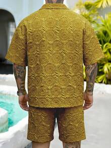 Manfinity CasualCool Kemeja Lengan Pendek Kancing Depan Jacquard dan Celana Pendek untuk Pria, Pakaian Kasual Sehari-hari - Kuning - View 2
