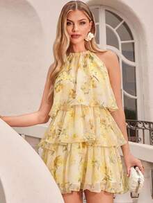 Amorya Summer Elegant Flowy Women's Floral Print Metal Accessory Decorated Multi-Layered Cake Tier Ruffle Short Dress, Wedding Guest Vacation Outfit - Yellow - View 6