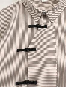 ROMWE MEN Street Life Short Sleeve Striped Front Opening Casual Vintage Asymmetric Collar Shirt - Coffee Brown - View 5