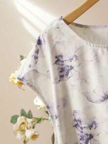 Lacomfia Casual Elegant 90s Floral Print Round Neck Batwing Sleeve Side Tie Fitted Shirt Solid Color Elastic Waist Wide Leg Pants Summer Plus Size 2pcs Set - Multicolor - View 7