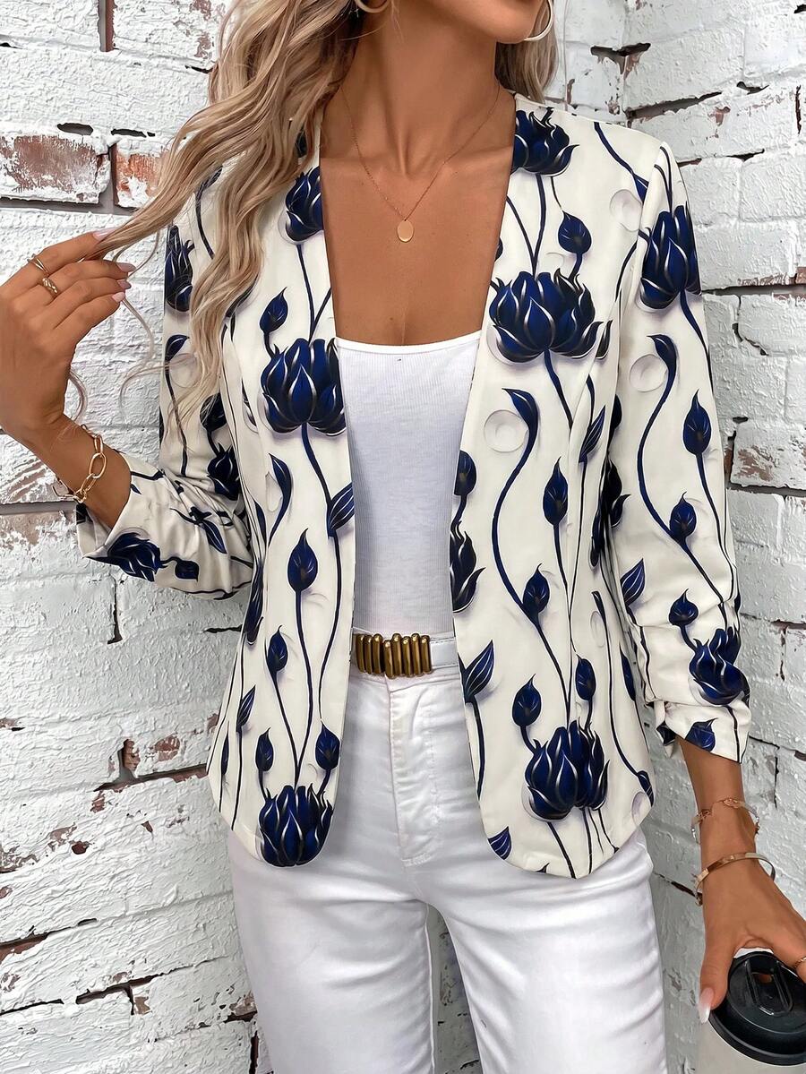 SHEIN Clasi 女款花卉印花休閒百搭日常旅行輕便外套 - 藍白色 - 查看 1