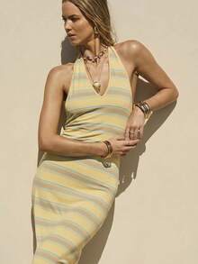Aralina Women's Spring Summer Ribbed Multi Stripe Stretch Halter Vacation Holiday Beach Resort Cover Up Tropical Maxi Dress Light Blue - Multicolor - View 5
