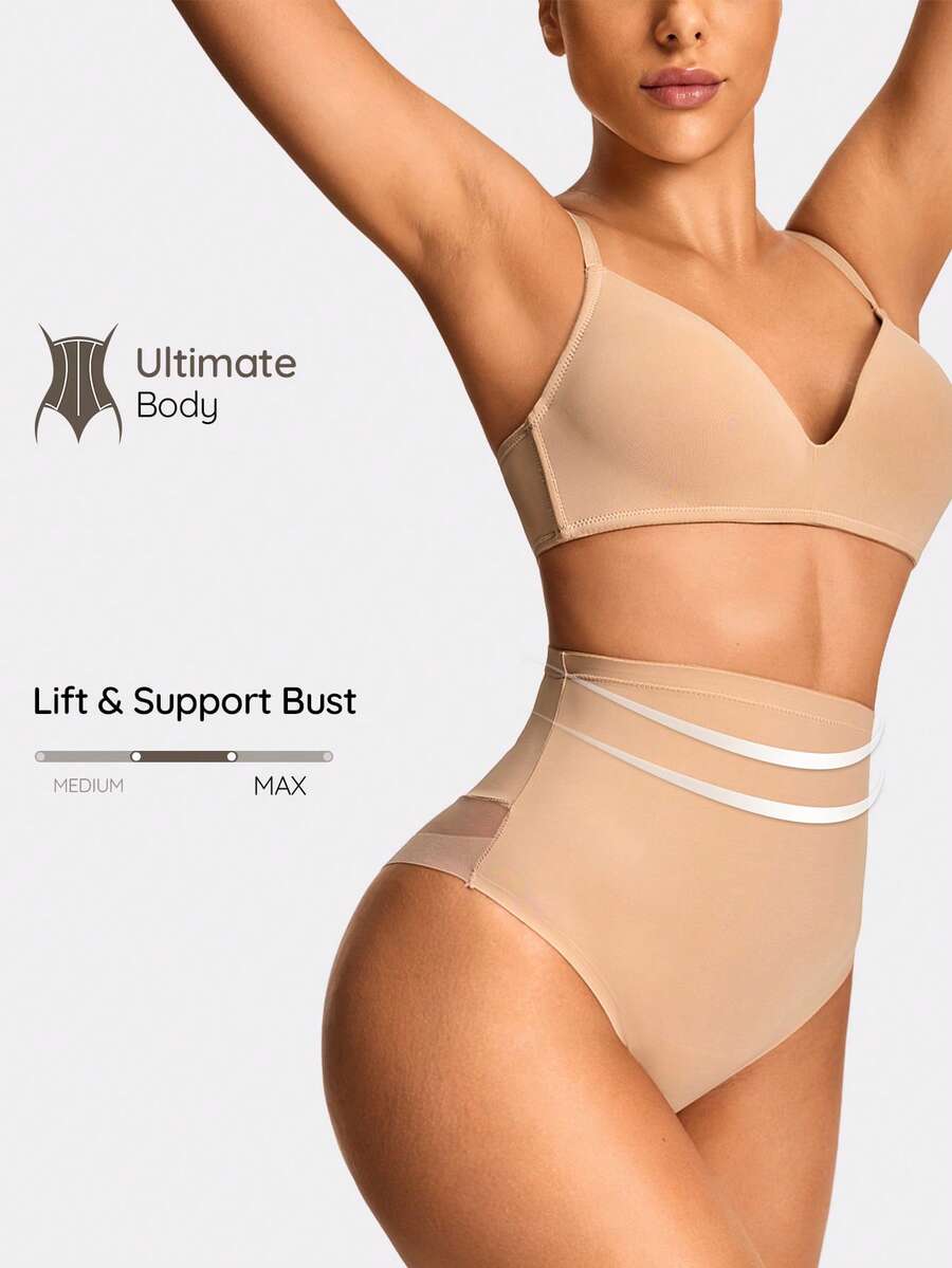 SHAPORA Women Solid Color Mesh Splice High Waist Shapewear - Apricot - View 1