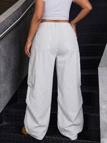 SHEIN ICON Celana Jeans Denim Kasual Bergaris Serbaguna untuk Wanita Ukuran Plus, Cocok untuk Sehari-hari - Putih - View 2