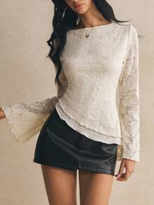 Poéselle Women's Floral Print Slim Fit Versatile Daily Wear Bell Sleeve T-Shirt - White - View 5