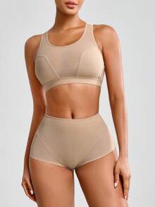 SHAPORA Top moldeador de malla transparente con contraste para mujer - Caqui - Ver 4