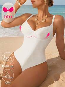 Swim DD+ Maillot de bain une pièce de couleur unie pour femmes, convient pour les vacances à la plage, les fêtes de piscine, les fêtes de plage - Blanc - Voir 8