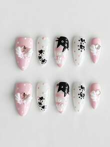 ROMWE Anime 10 Pcs Cute Pink Manicures, High-Quality Hand-Painted Cat Manicures, Long Almond-Shaped Fake Nail Pads Suitable For All Seasons - Multicolor - View 1