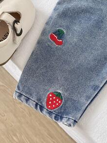SHEIN Playful Pals 嬰兒男童女童中性 0-3歲 春/秋 紅藍色系 甜美可愛花卉刺繡 牛仔褲圓領長袖套頭上衣吊帶褲套裝 - 紅色 - 查看 7