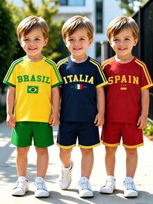 6pcs/Set Young Boys' Casual Colorblock Sports Jersey, Short Sleeve Round Neck T-Shirt And Matching Shorts, Comfortable Sports Outfit For Daily, Holidays, World Cup, New SS26 Fashion Summer Outfits - Multicolor - View 2