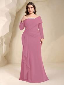 Coutiva Plus Size Rhinestone Decor Off-Shoulder Formal Evening Gown,Elegant Curve Dusty Pink Winter Evening Dresses,Heavily Embellished Women Reception Dress - Pink - View 5