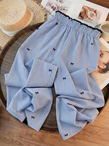 GlowEve Pantalones rectos de mujer de cintura alta con bolsillos, detalles a rayas y lazo, estilo casual y holgado, para verano - Azul - Ver 2