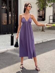Vestido casual de vacaciones para mujer con estampado de lunares y lazo delantero con espalda descubierta - Morado - Ver 3