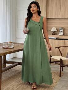Weeklong Vestido Longo A-Line Casual de Primavera/Verão para Férias com Decote Assimétrico Sem Mangas Plus Size Feminino - Verde - Visão 3
