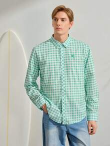 VeloEdit Men Casual Vacation Plaid Small Icon Front Single-Breasted Comfortable Long Sleeve Fashion Shirt & Patched & Embroidery, Old Money & Boyfriend - Mint Green - View 4