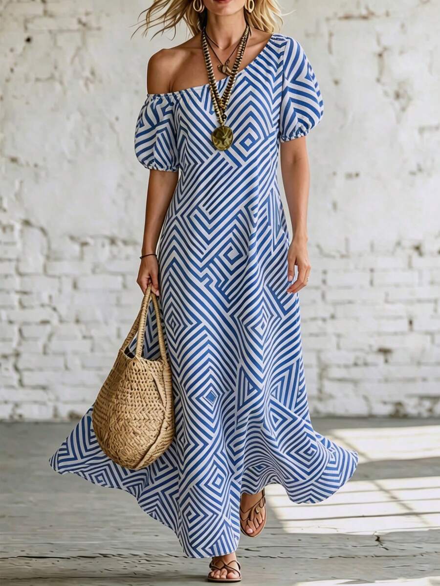 SHEIN Women's Colorblock Geometric Maze Print Asymmetric Neck Puff Short Sleeve Flared Dress - Blue - View 1