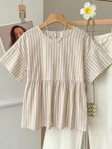 SHEIN EZwear 女款休閒寬鬆短袖條紋襯衫，適合日常通勤、約會、派對、秋冬春夏、聖誕節、新年、感恩節、婚禮、海灘、畢業典禮，時尚優雅休閒，適合外出約會與通勤 - 彩色 - 查看 3