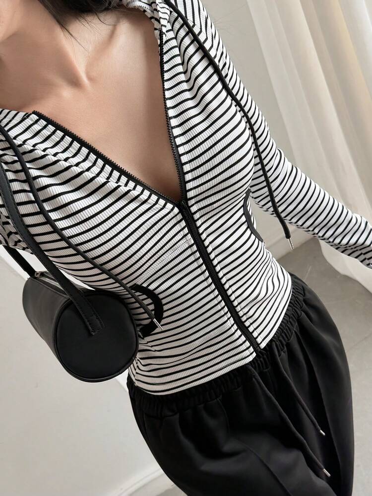 Women's Striped Colorblock Hooded Zip-Up Slim Fit Versatile Casual Sports Jacket