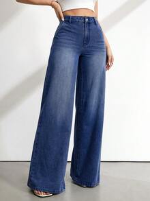 SHEIN Tall 女款高腰寬腿牛仔褲復古藍色水洗休閒夏季度假穿搭女款休閒水洗高腰寬腿牛仔褲 - 深色水洗藍 - 查看 3