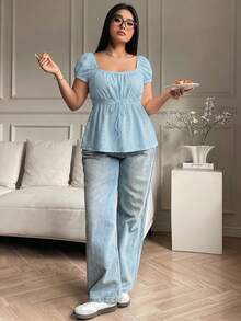 Solflare 浅蓝色镂空透明加大码T恤，夏季 - 淺藍色 - 查看 6