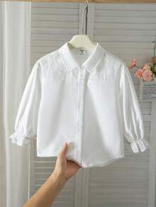 SHEIN Young Girl Moss 青少女寬鬆白色合身純色翻領休閒襯衫，青少女休閒長袖純色襯衫，時尚夏季休閒襯衫 - 白色 - 查看 8