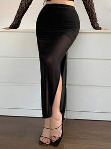 DAZY Women's Sheer Mesh Patchwork High Slit Bodycon Skirt, Sexy Date Night - Black - View 10