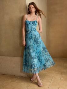 MOTF PREMIUM GAUN SLIP LIPIT MOTIF BUNGA UNTUK KENCAN KASUAL MUSIM PANAS WANITA - Biru - View 5
