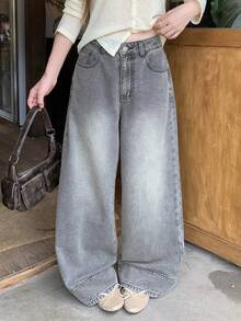 FRIFUL Women's Pocket Wide Leg Loose Casual Versatile Denim Jeans - Blue - View 6