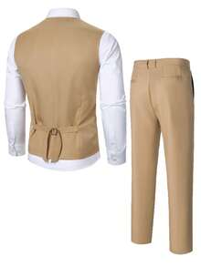 Calvornis Men's Suit Vest, Shirt, And Trousers Outfit, Minimalist Fashion Suitable For Summer, Men Formal Wedding Clothes Dressy Set, Old Money Style, Ceremony - Khaki - View 2