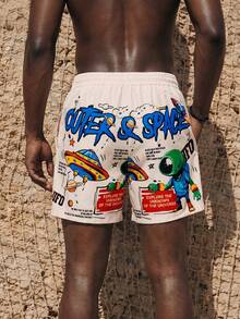 Palasendo Men's Cartoon Print Casual Beach Shorts, Summer,Outdoor Sports Trunks Swim Wear, Hawaiian BeachModeOn Men Beachwear Men Swim Trunks Cartoon, Anime Swim Trunks, Men's Anime Swim Shorts, Ufo Swim Trunks, Alien Swim Trunks, Holiday - White - View 2