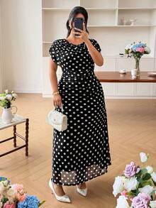 Modelyn Women's Elegant Minimalist Polka Dot Sleeveless Bodycon Plus Size Dress, Suitable For Summer - Black - View 3