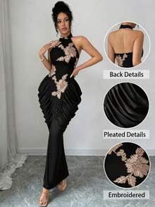 Modelyn Brown Mesh Jacquard Embroidered Backless Halter Neck Slim Fit Ruched Gathered Design Fashionable Elegant Long Dress - Black and Gold - View 9