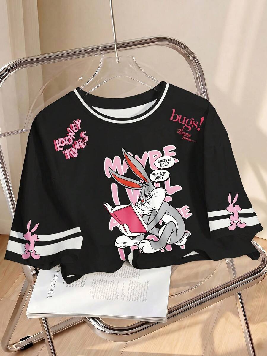 LOONEY TUNES X SHEIN 女士休闲卡通印花短款T恤，夏季 - 白色 - 查看 1